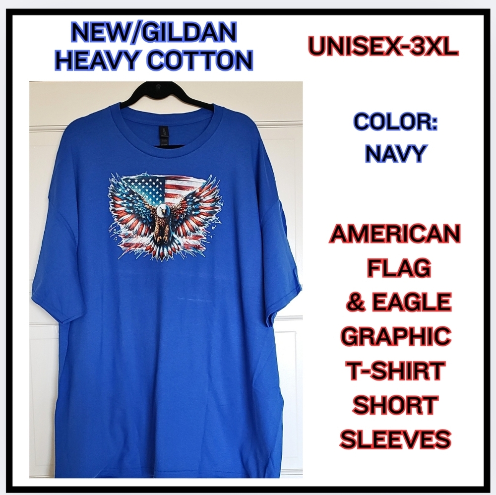 🔥 NWOT / Gildan / NAVY / American Flag & Eagle / T-Shirt / SHORT SLEEVE